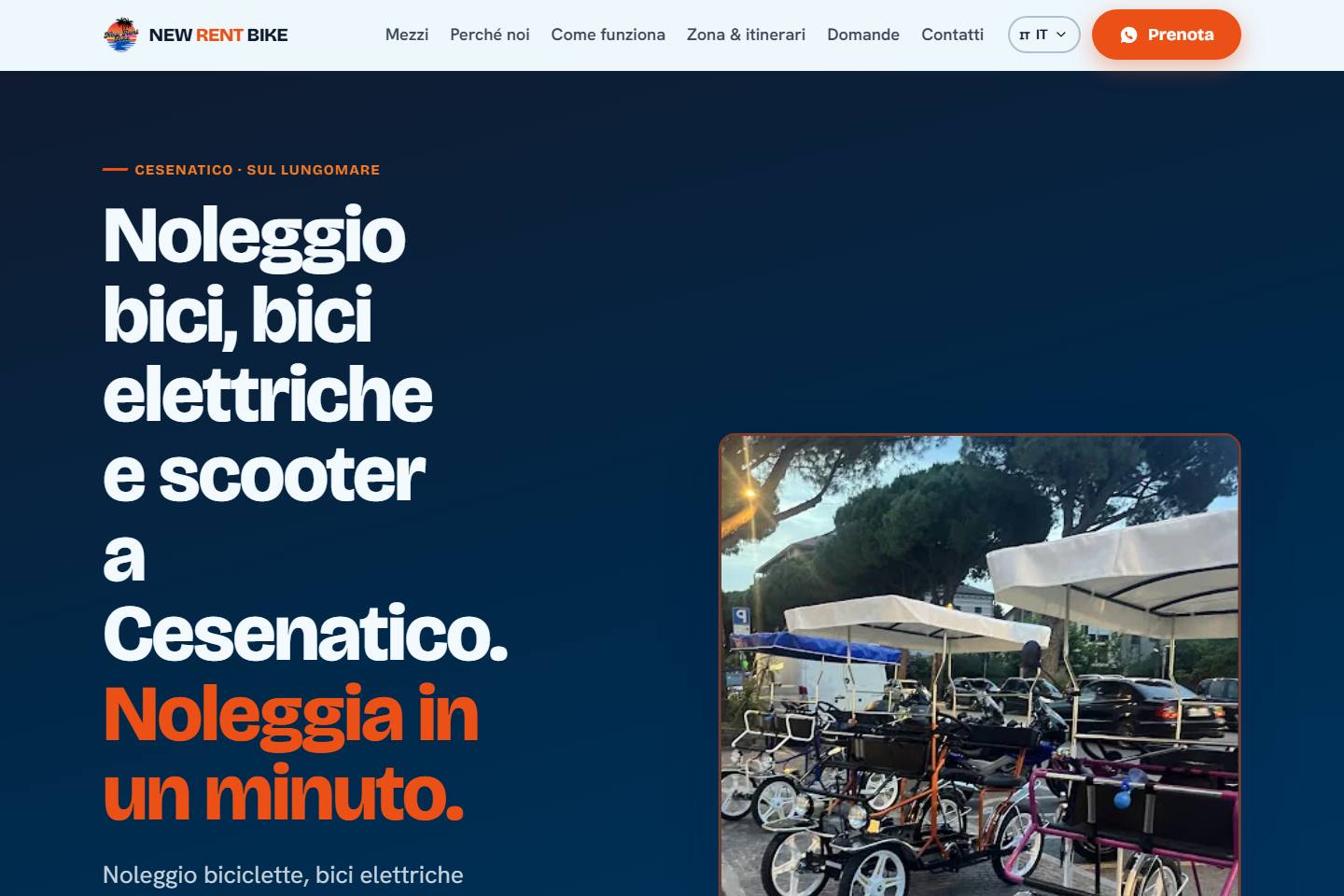 Homepage multilingua del sito New Rent Bike con informazioni sul noleggio e contatto WhatsApp
