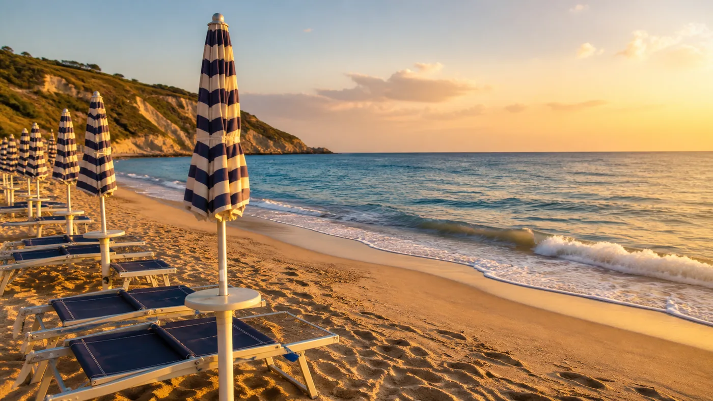 Ombrelloni e lettini su una spiaggia italiana al tramonto
