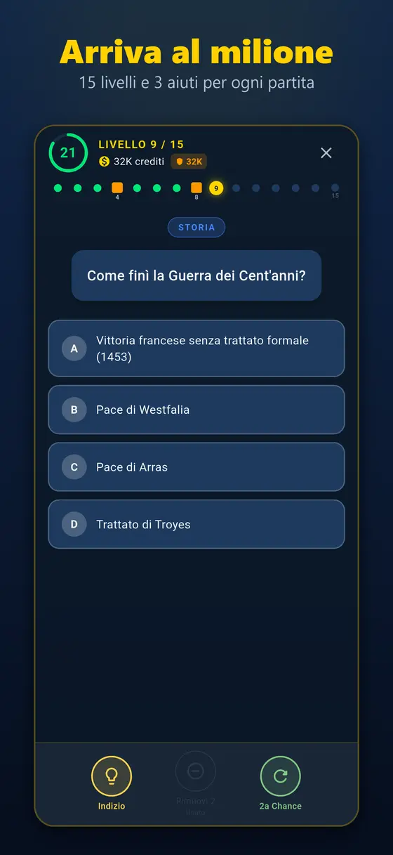 Quiz Master: domanda di storia con i tre aiuti della partita
