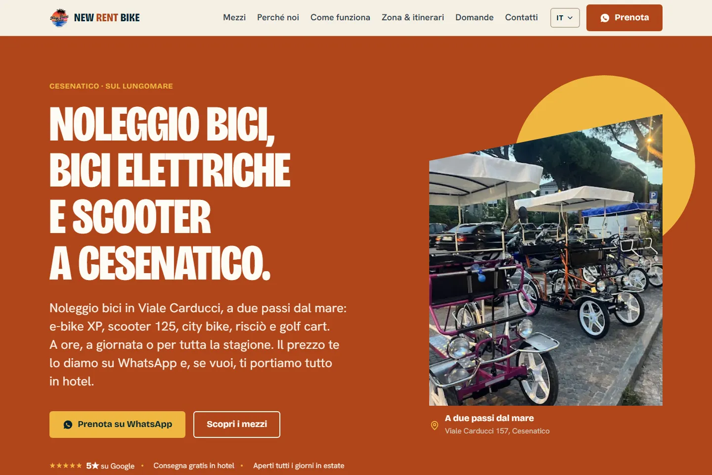 Anteprima del sito New Rent Bike con informazioni sul noleggio e contatto WhatsApp