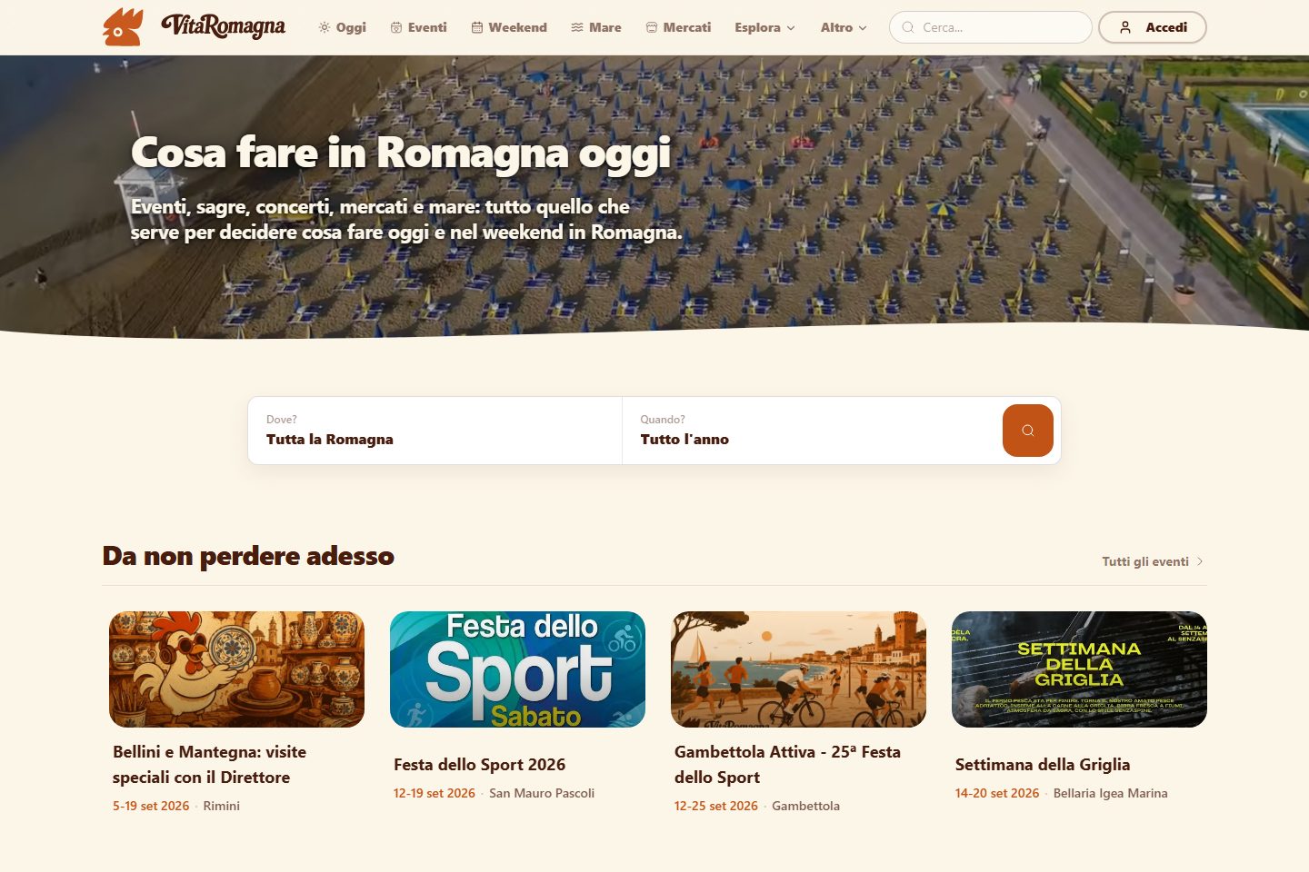 Anteprima del portale Vita Romagna con eventi, mercati e cosa fare in Romagna