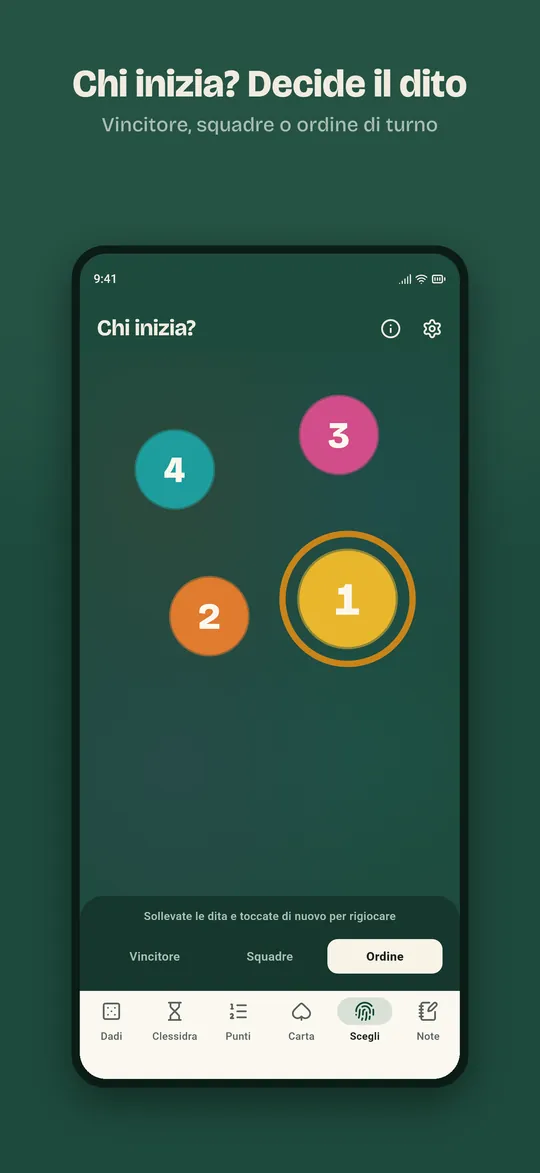 Schermata Chi inizia: quattro dita sullo schermo, l'app ne sceglie una