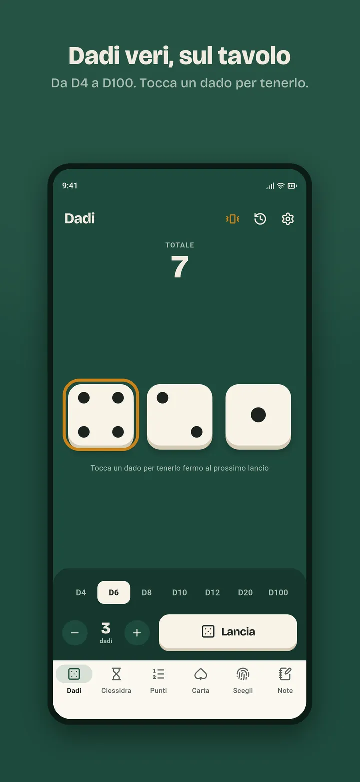 BoardMate, schermata dei dadi: tre D6 sul tavolo con totale 7