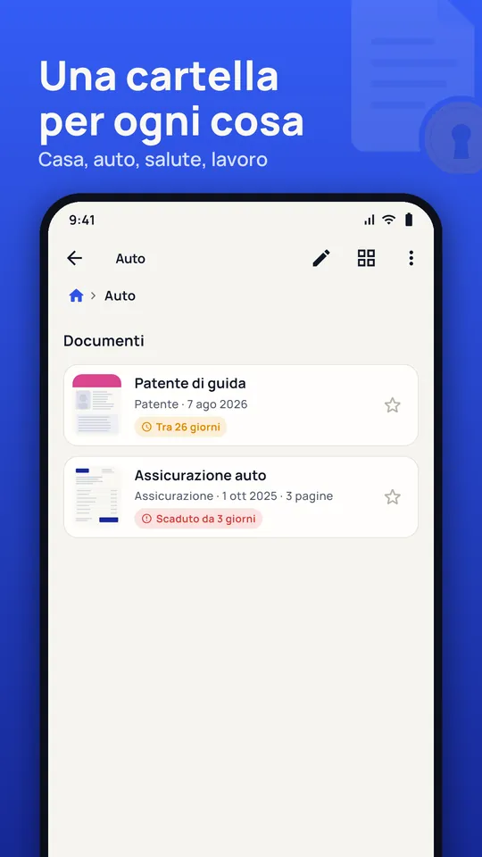 Cartella Auto con patente e assicurazione e i giorni alla scadenza