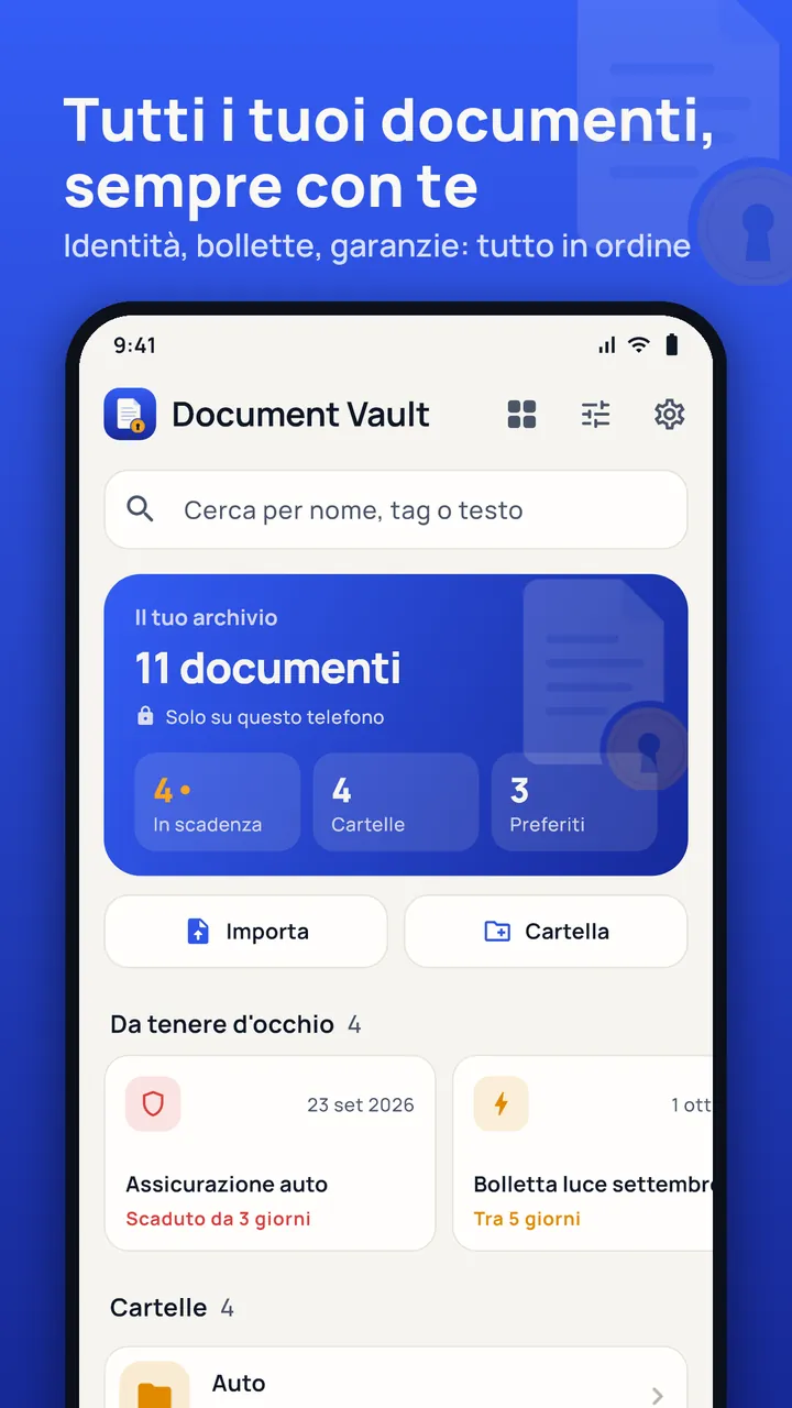 Home di Document Vault con documenti in scadenza e cartelle