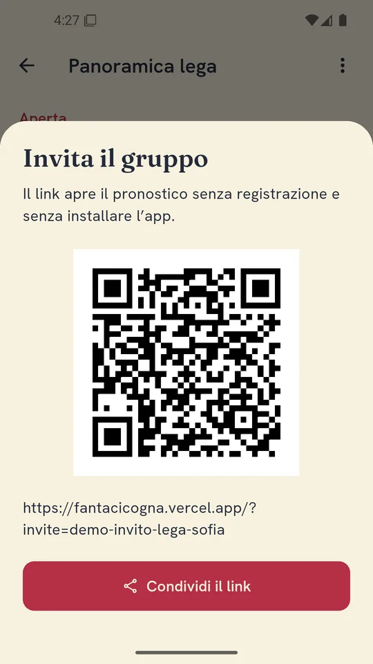 Invito FantaCicogna da condividere tramite link o codice QR