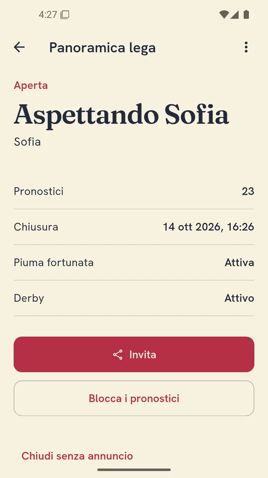 Panoramica di una lega FantaCicogna con stato e partecipanti