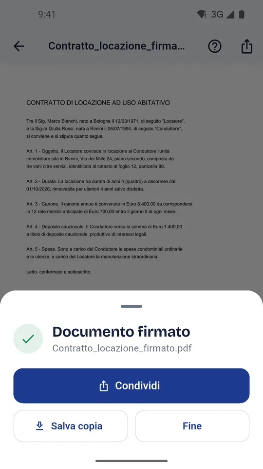 Conferma Documento firmato con i pulsanti Condividi e Salva copia