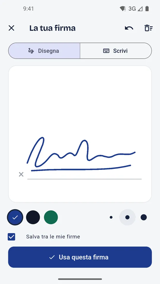 Disegno della firma col dito, con scelta di colore e spessore