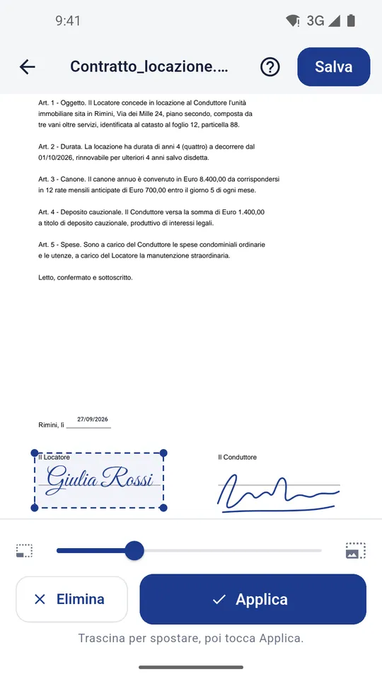 Contratto aperto con la firma trascinata sulla riga del locatore