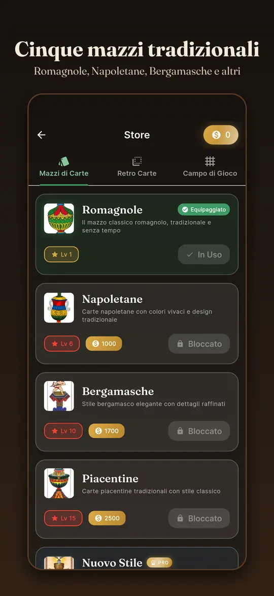 Negozio dei mazzi: romagnole, napoletane, bergamasche e piacentine