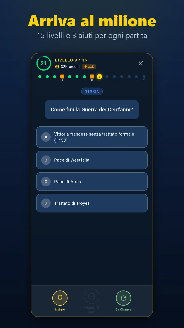 Quiz Master, domanda di storia al livello 9 di 15 con quattro risposte e tre aiuti