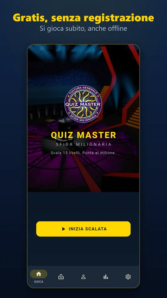 Schermata iniziale di Quiz Master con il pulsante Inizia scalata