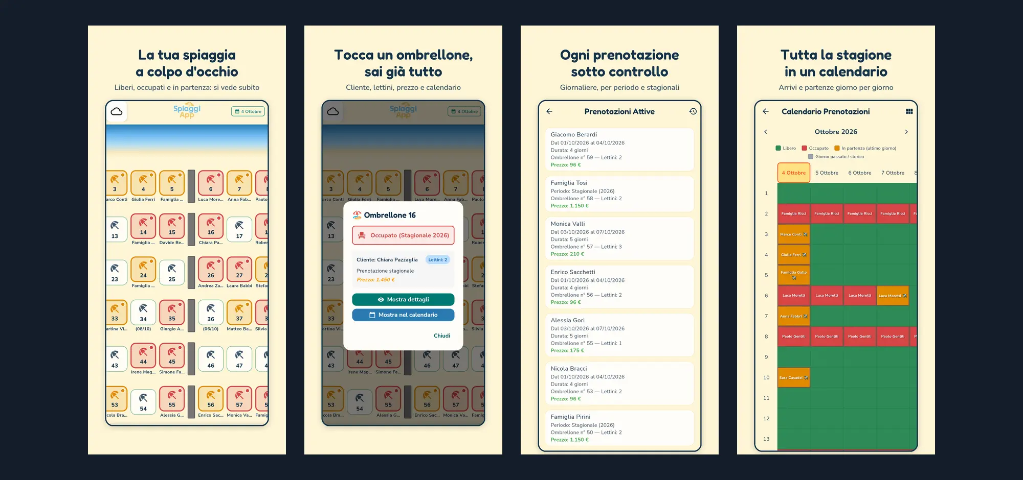 Gestionale stabilimento balneare SpiaggiApp: mappa ombrelloni, scheda cliente, prenotazioni e calendario della stagione